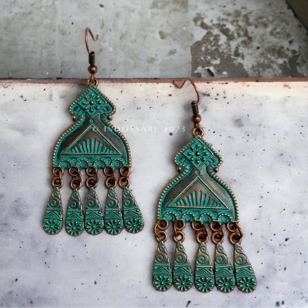 New Boho Gypsy Turquoise Patina Chandelier Earrings
